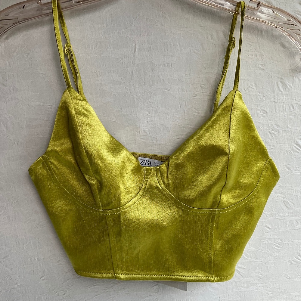 Zara Satin Chartreuse Cropped Top Adjustable Straps Bustier NWT Size M